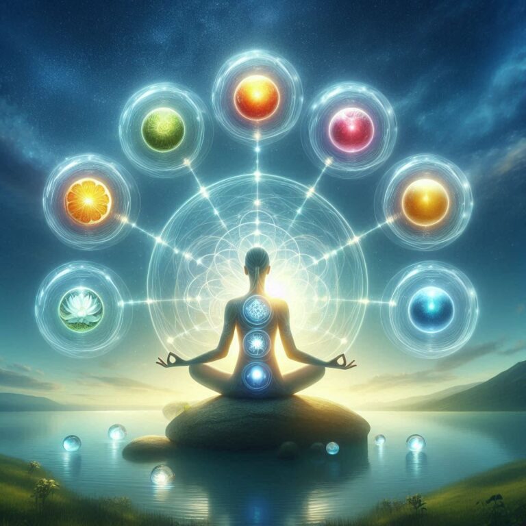 Person meditating surrounded by eight glowing wellness dimension symbols in peaceful nature setting