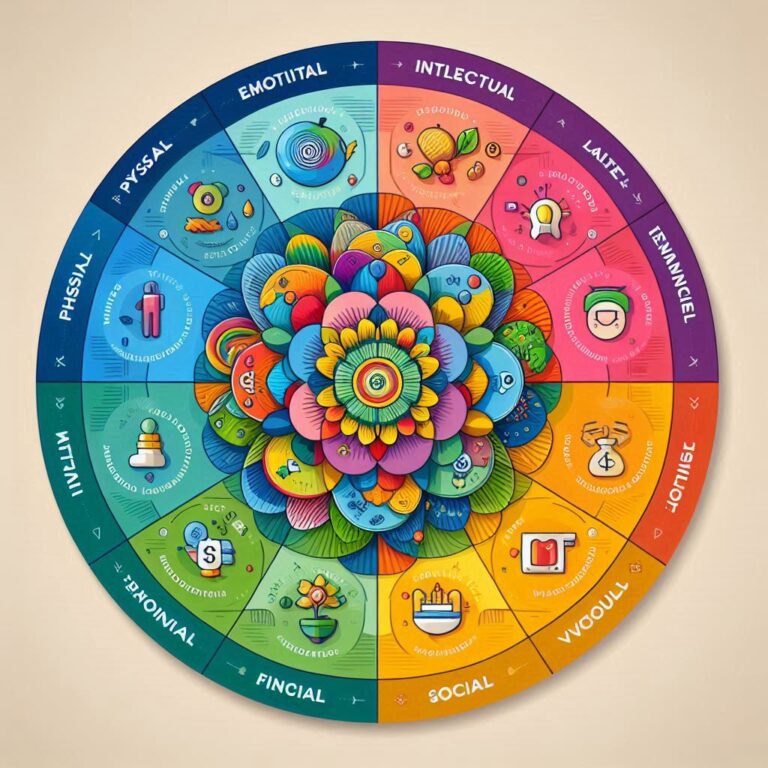 Comprehensive 8 dimensions of wellness wheel diagram showing interconnected aspects of holistic well-being