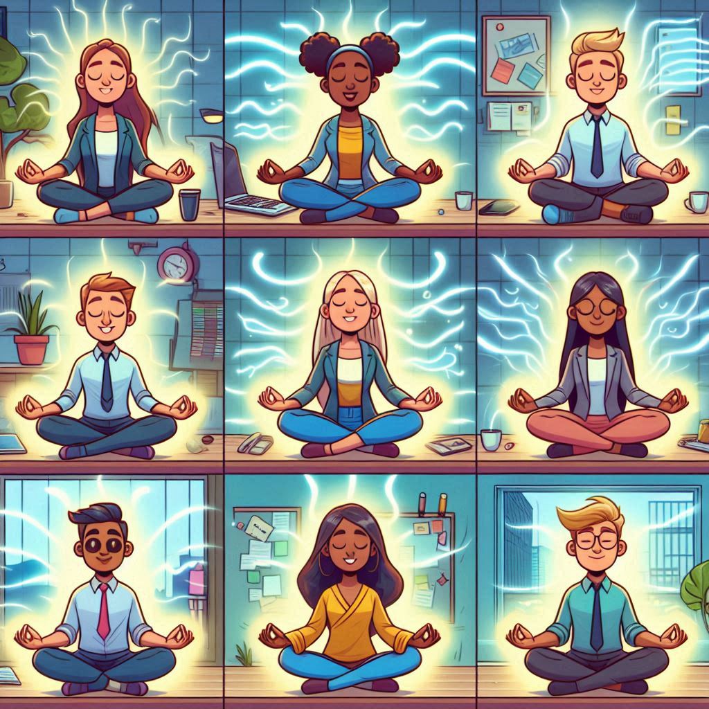 Diverse group meditating together at different places