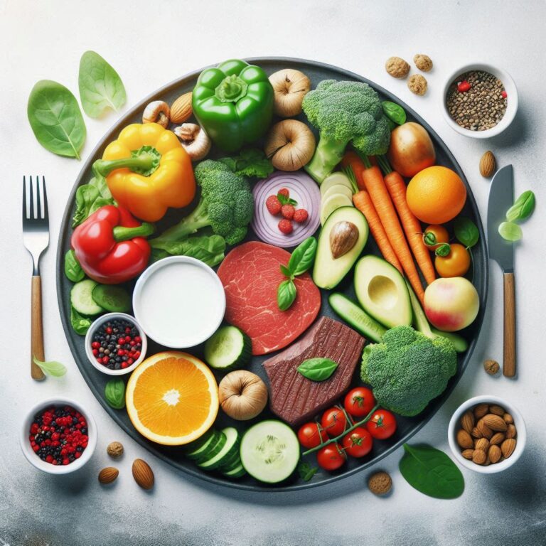 Balanced healthy meal of vegetables, lean protein, and whole grains for physical wellness.