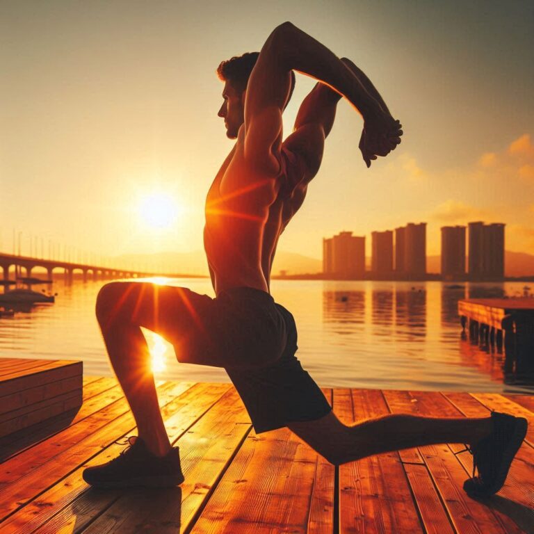 Man stretching outdoors for physical fitness at sunrise, symbolizing wellness.