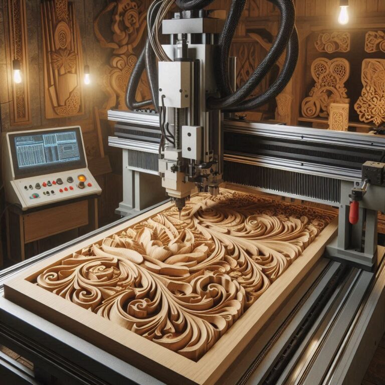 CNC wood carving machine crafting detailed floral design on oak