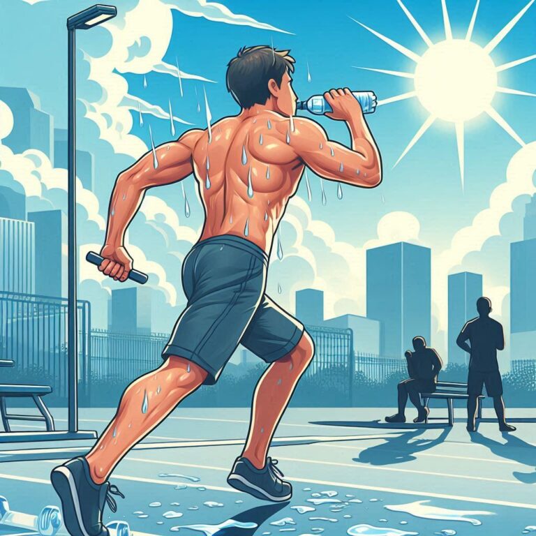 a person drinking water after a workout under hot weather, with sweat dripping down their body, and other people in the background.