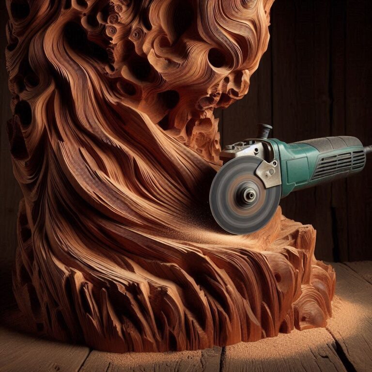 Woodworker using a cordless power chisel for rough wood shaping