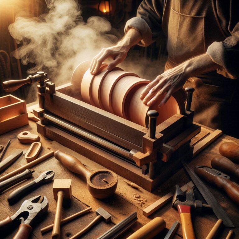 Professional woodworker using steam bending technique to curve hardwood in a workshop steam box"