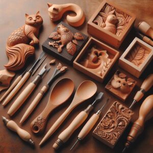 Completed wood carving projects including spoon, figurine and box with professional tools