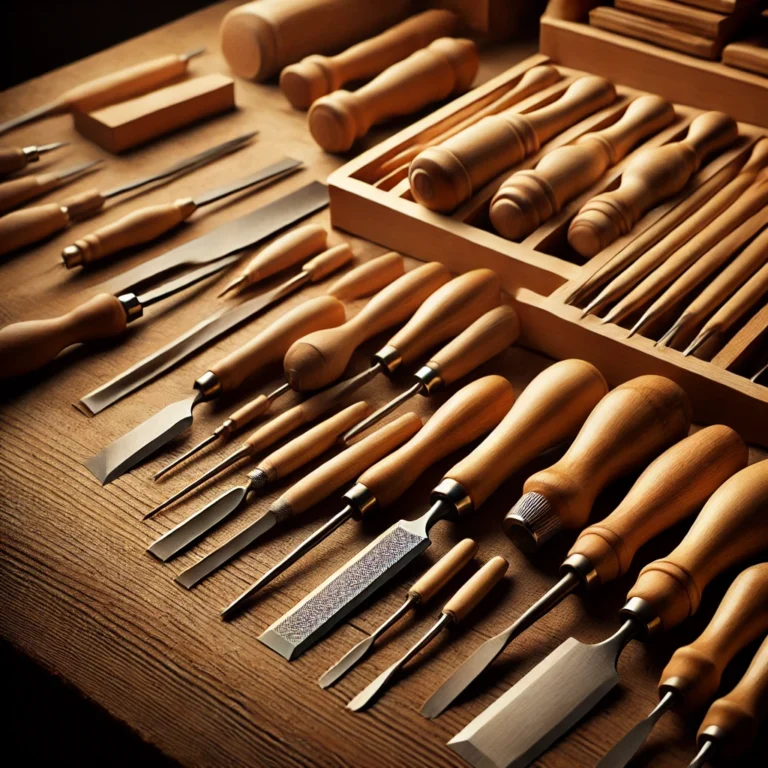 Wood carving tools like chisels, knives, and gouges neatly arranged on a wooden surface