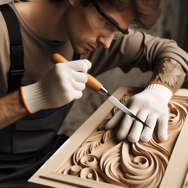 Proper wood carving technique demonstration with protective gloves and detail knife