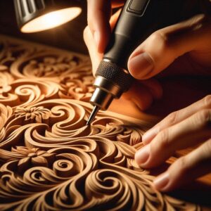 Rustic wood sculpture with deep textures from angle grinder carving