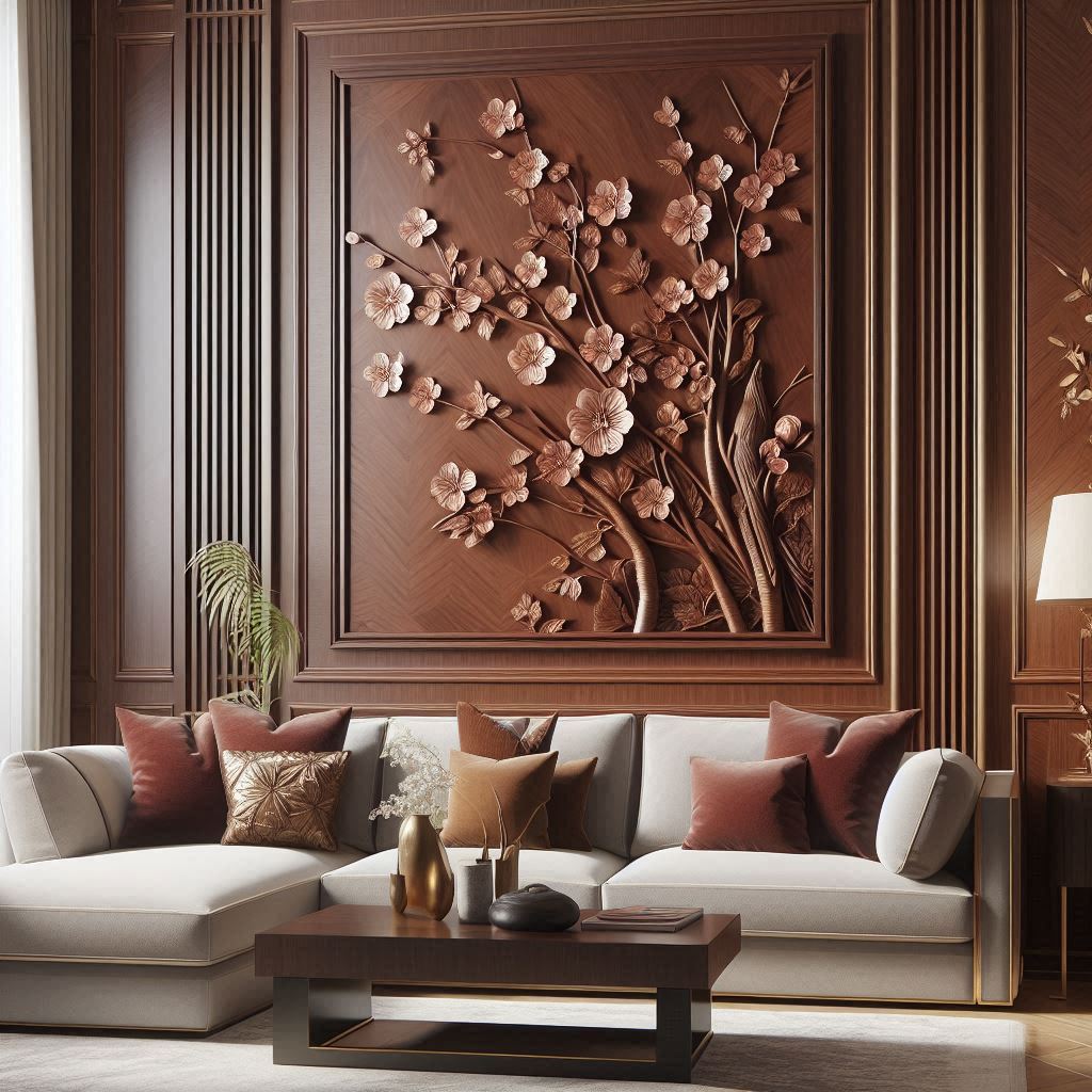 Hand-carved mahogany panel with floral patterns for home decor