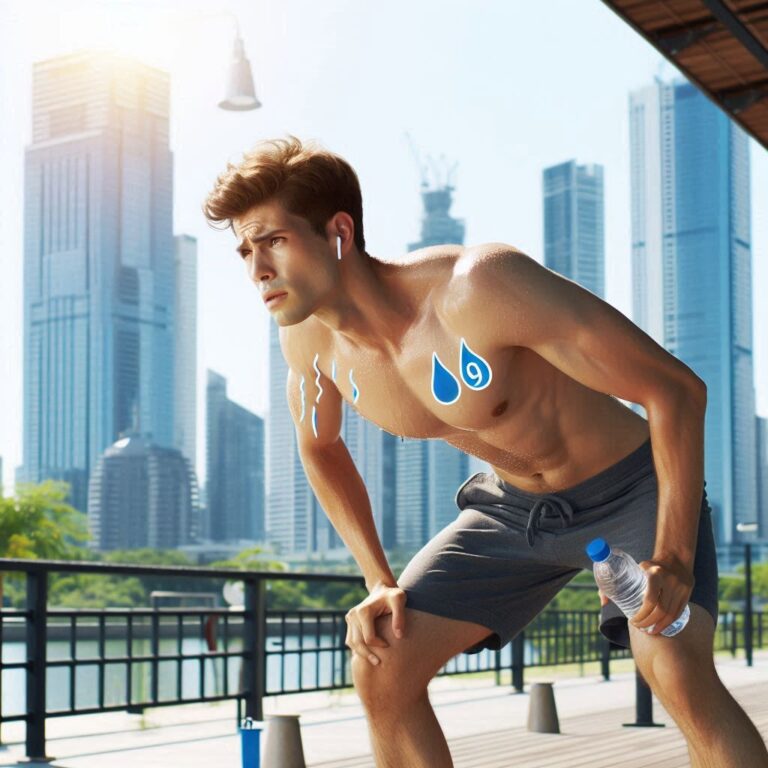 Person taking a break after a workout outdoors, sweating and holding a water bottle with a city skyline in the background