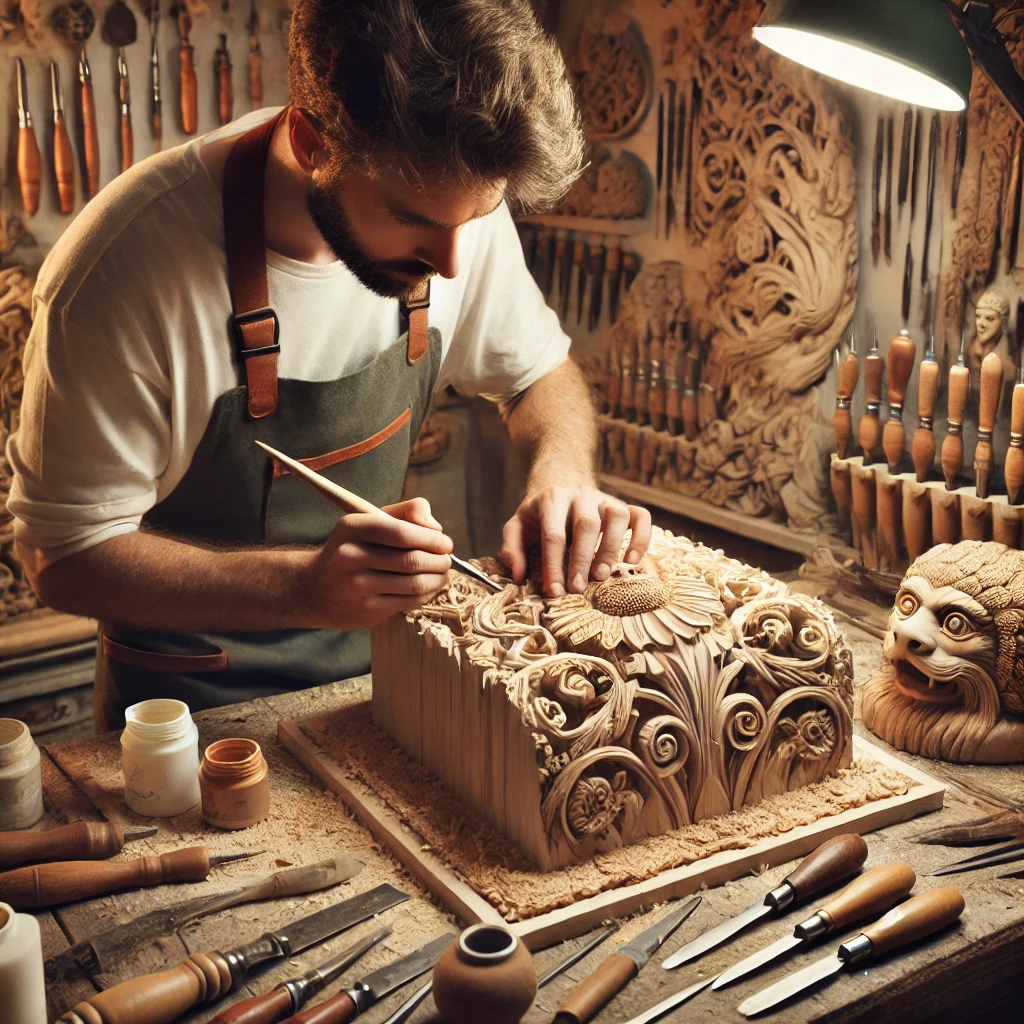 A wood carver using safety gear and tools in a well-lit workspace