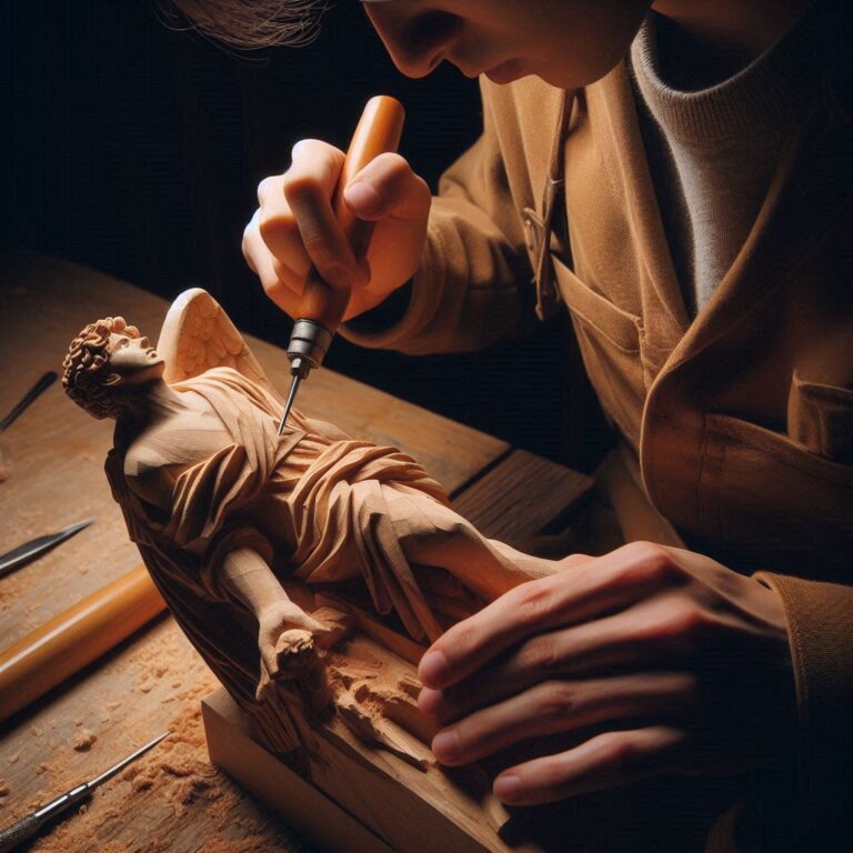 Craftsman using a carving knife to shape a wooden figure with precision