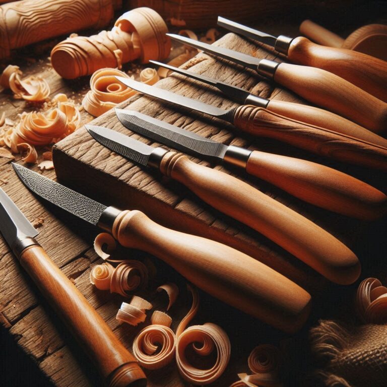 Essential wood carving knife types displayed on rustic workbench with wood shavings and carved project