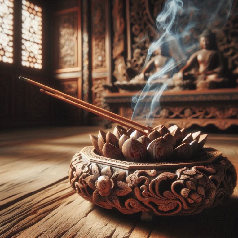 Intricately carved sandalwood Buddha statue with aromatic finish”