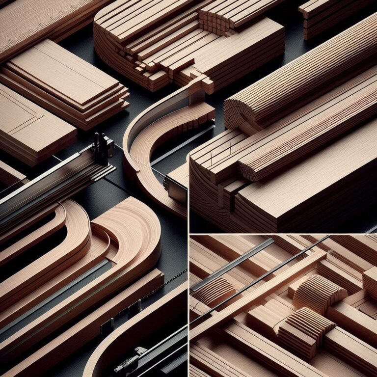 Comparison of wood bending techniques - kerf cutting, lamination, and steam bending shown side by side