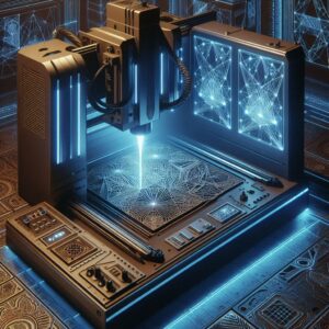 “Futuristic laser wood carving machine with glowing blue accents