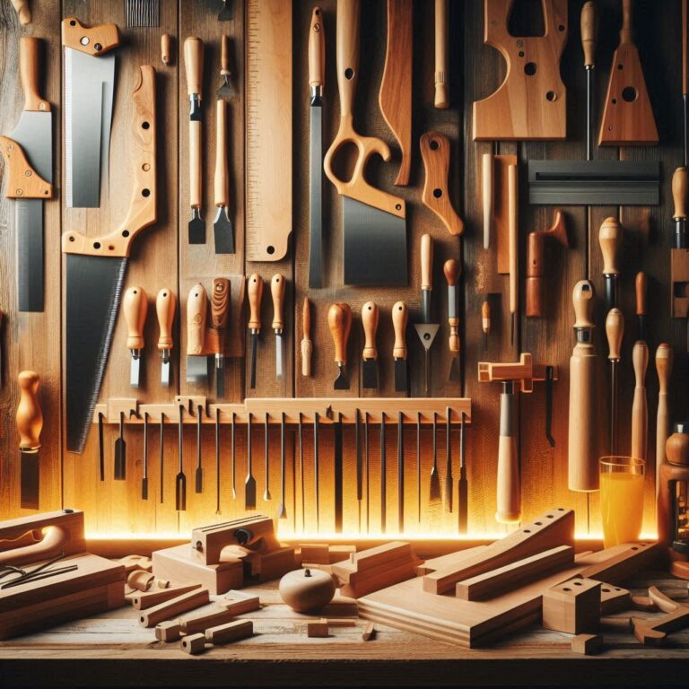 Essential wood cutting tools organized in a professional woodworking workshop including various saws, chisels, and routers