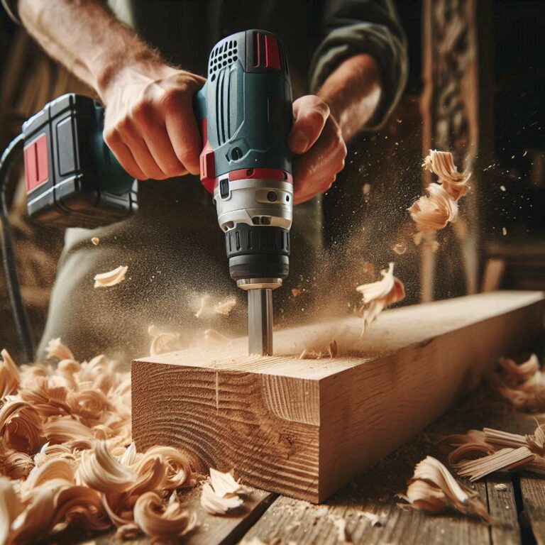 Close-up of hand using rotary tool for intricate wood carving."