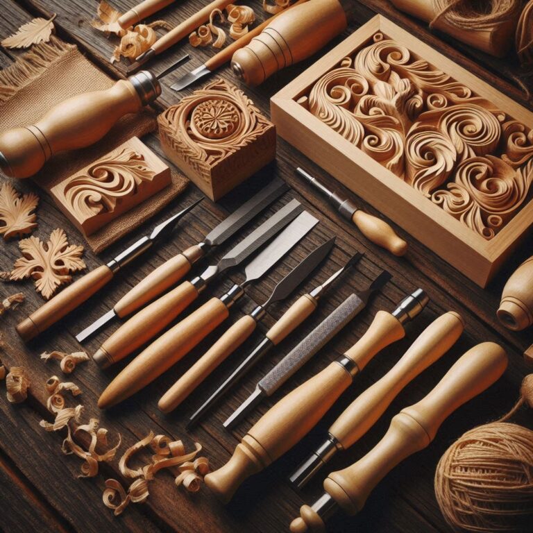 "Complete wood carving kit with essential tools displayed on a wooden table