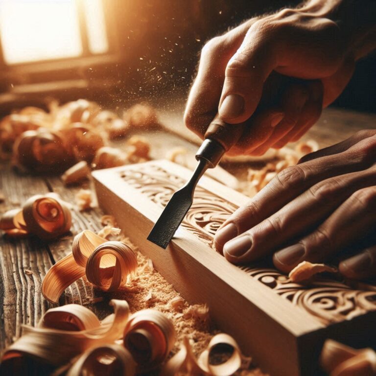 Craftsman using sharp chisel for precision wood cutting and detailed joinery work