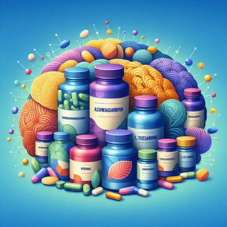 Natural emotional wellness supplements including ashwagandha, L-theanine, and magnesium glycinate for stress relief and mood support