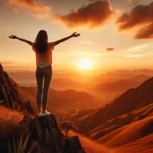 A woman standing on a mountain peak with arms wide open, embracing the golden sunrise, symbolizing freedom from overthinking and mental clarity.