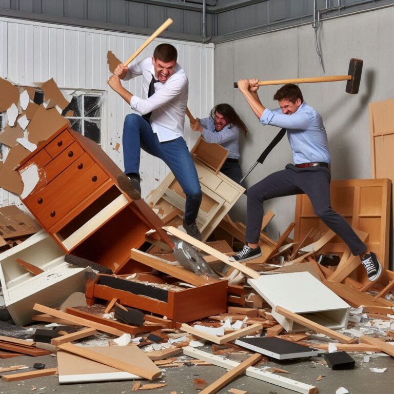 People in a rage room smashing old furniture safely for anger relief