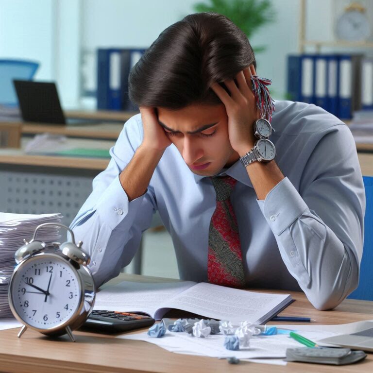A stressed-out student sitting at a desk, practicing the 4-7-8 breathing technique before an exam.