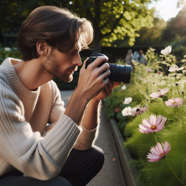 "Photographer practicing mindful photography in a park, capturing flowers with a camera