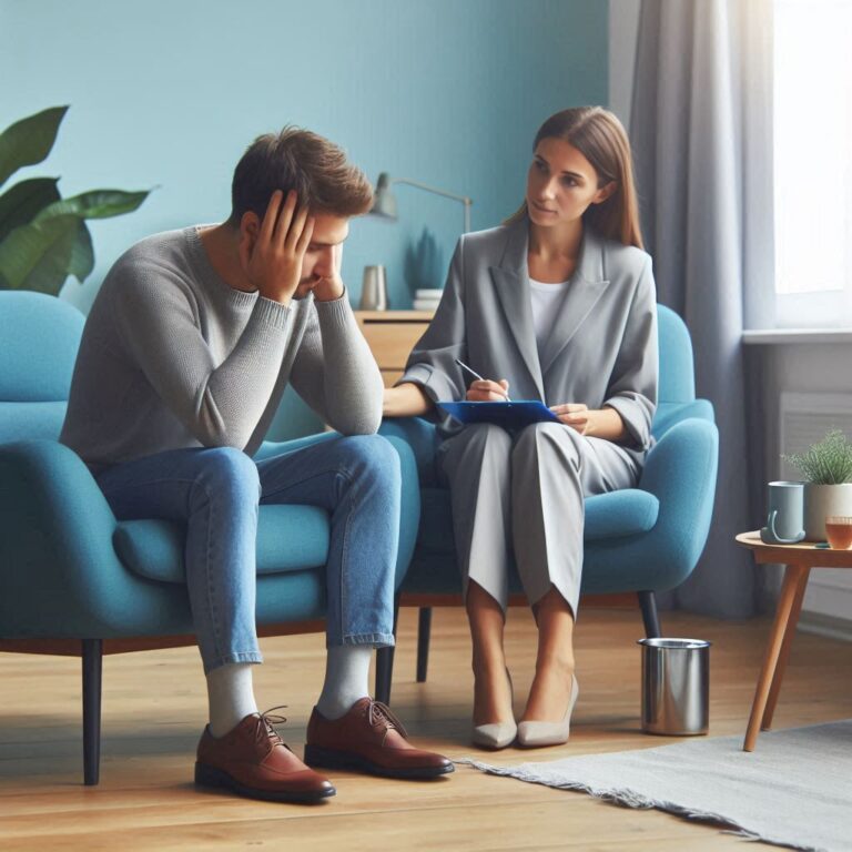 Therapist and patient discussing mental health treatment