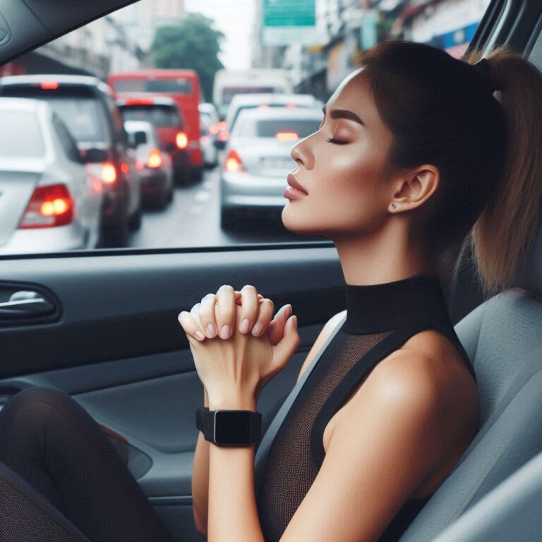 Woman in traffic practicing Box Breathing to stay calm