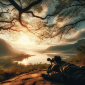 Photographer lying on the ground, capturing a photo of the sky through tree branches