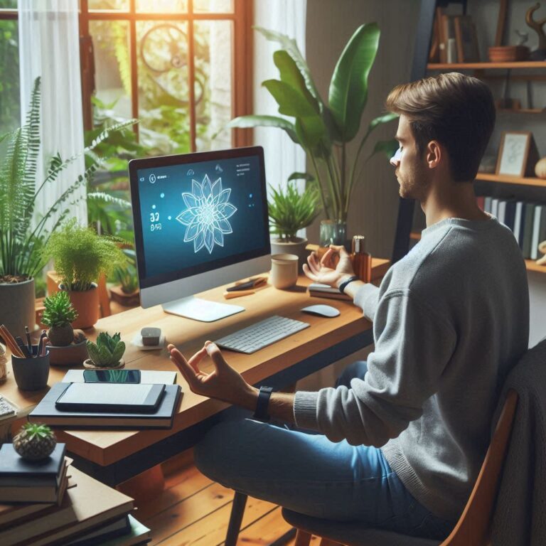 Person practicing mindfulness at work by meditating at their desk