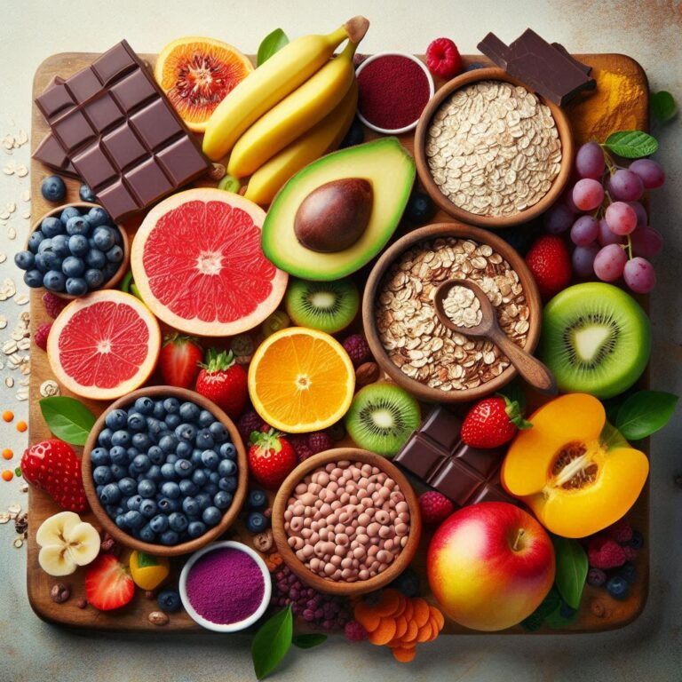 Assorted energy-boosting superfoods arranged on wooden surface