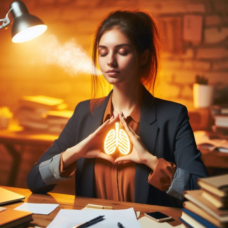 Woman practicing mindfulness at her desk with calming breathing exercise"