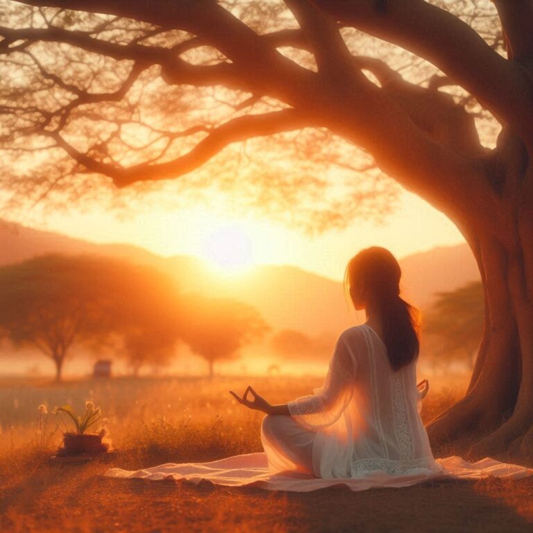 Woman meditating under tree for emotional trauma recovery