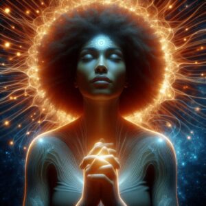 Woman with closed eyes taking a deep breath, surrounded by a glowing energy field representing mindfulness practice.