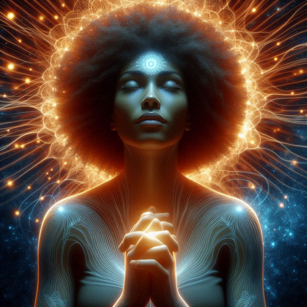 Woman with closed eyes taking a deep breath, surrounded by a glowing energy field representing mindfulness practice.