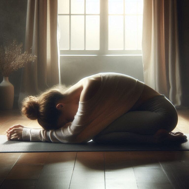 Person practicing Child's Pose in a softly lit, tranquil room