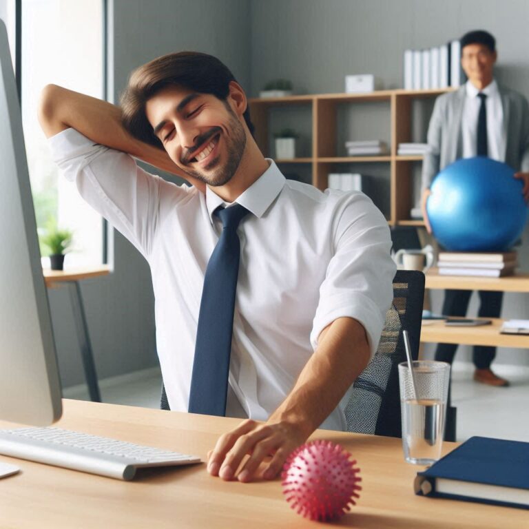An office worker stretching at their desk, taking a break to relieve stress