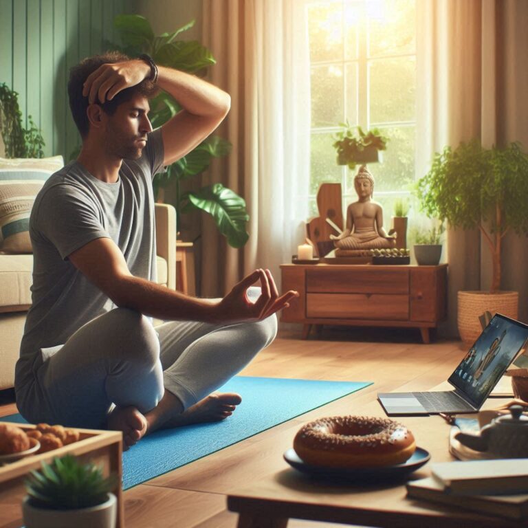 Person practicing mindfulness yoga at home for mental health
