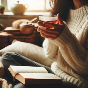Sipping herbal tea in a cozy space as part of a natural anxiety relief routine