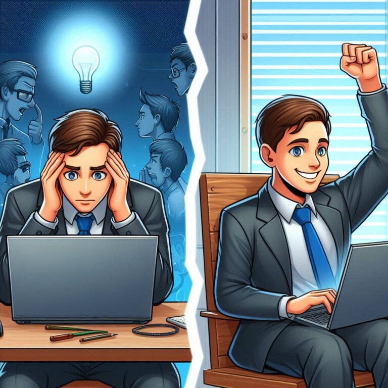 Side-by-side image of an overthinker vs. a confident decision-maker