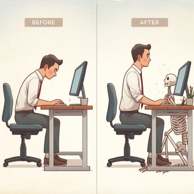 Before and after comparison of a person with poor desk posture and improved posture, showing the transformation through yoga practice