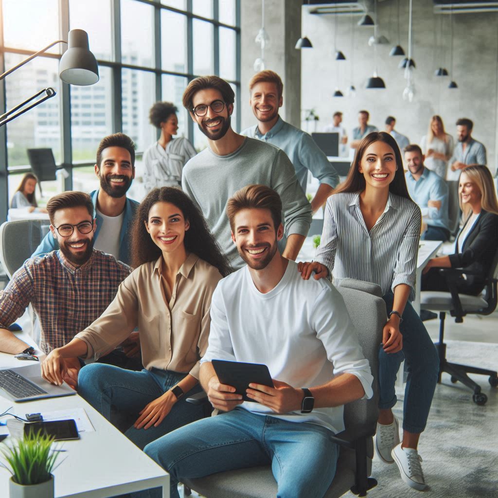 A diverse team of professionals smiling in a modern, flexible work environment