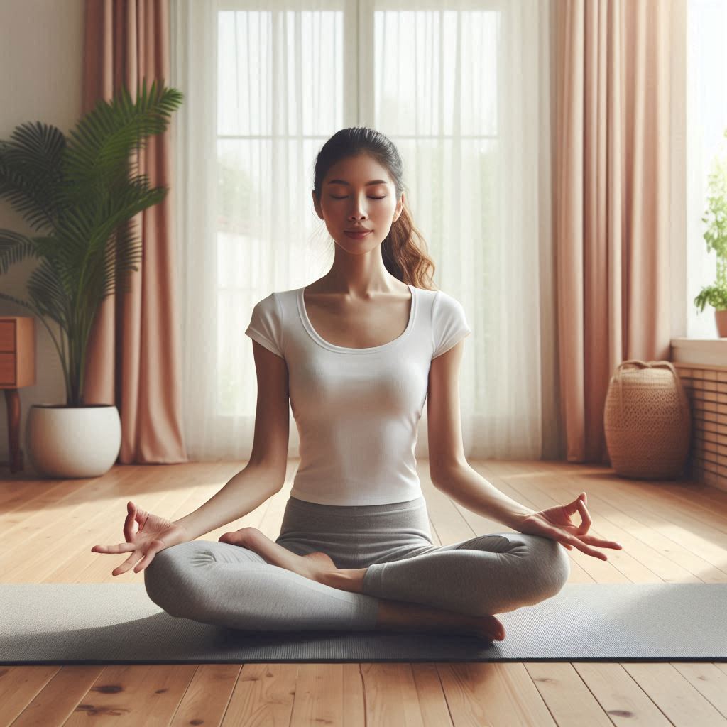A relaxed person sitting cross-legged on a yoga mat, demonstrating Alternate Nostril Breathing with a peaceful expression.