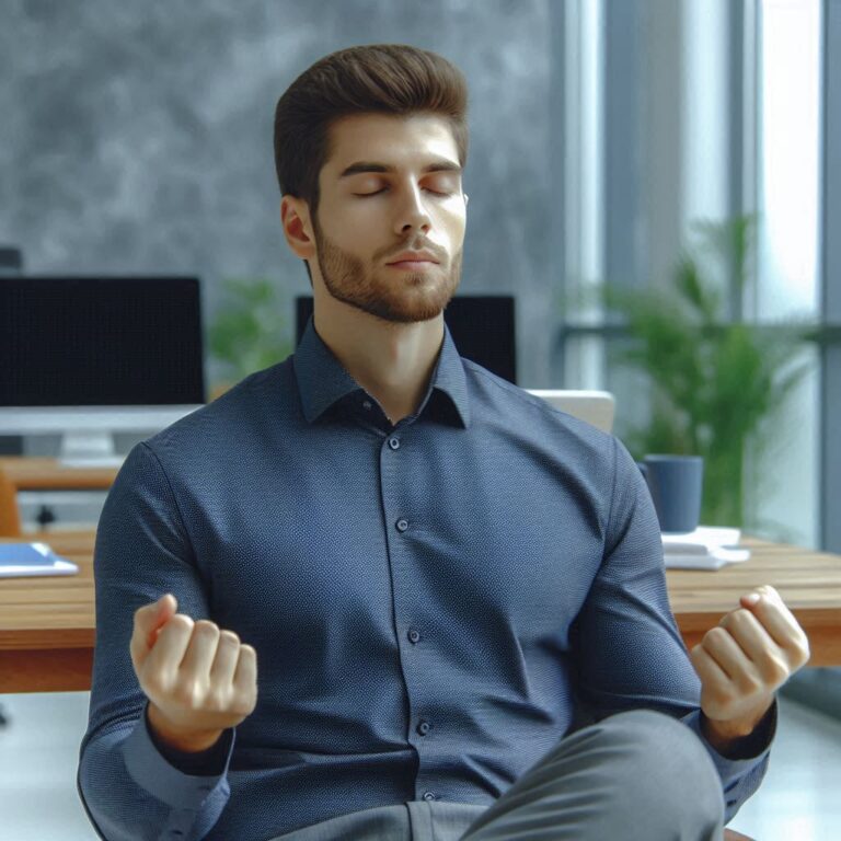 Person practicing breathing exercises for anger management at work
