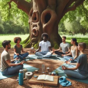 Diverse group meditating together outdoors under a tree for community support