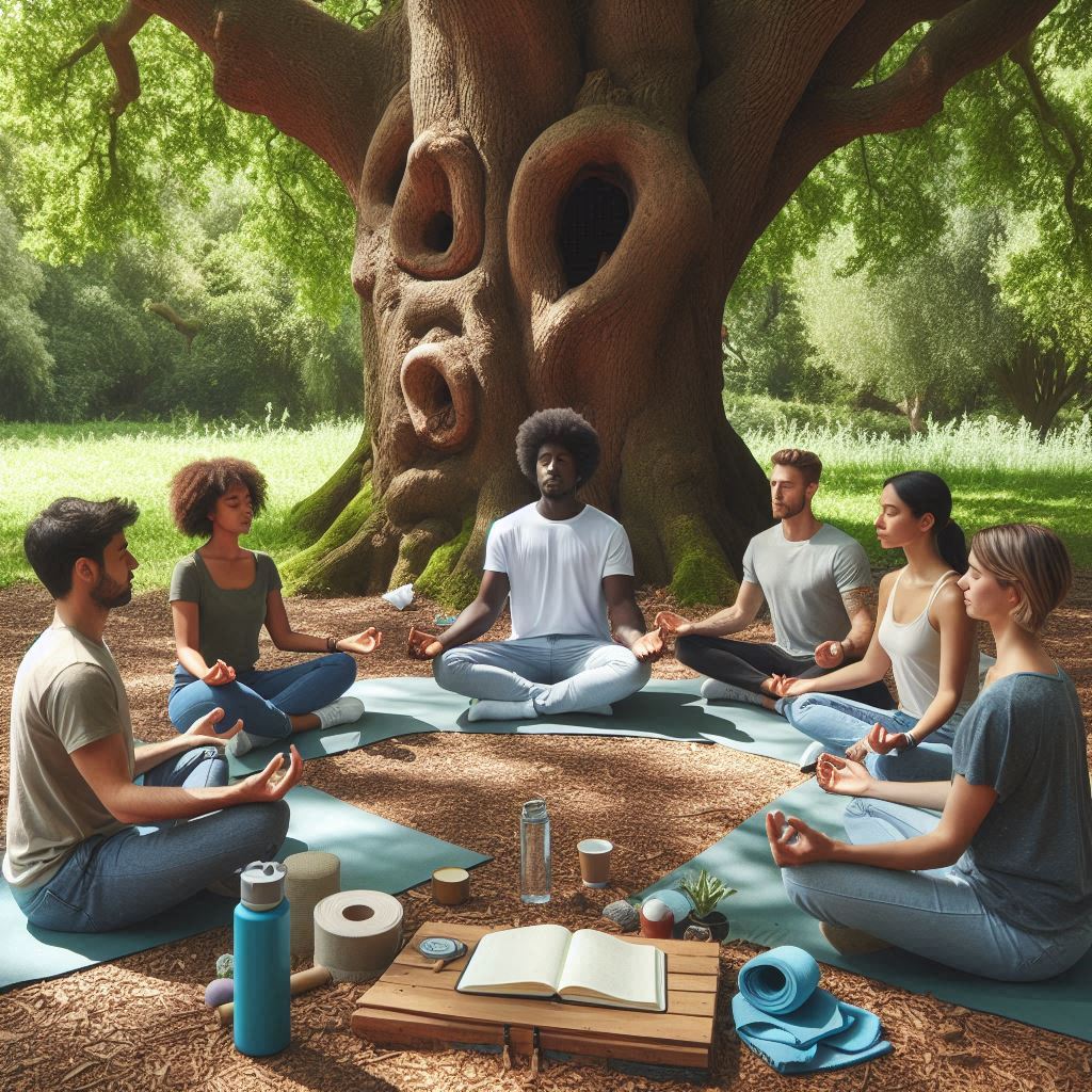 Diverse group meditating together outdoors under a tree for community support